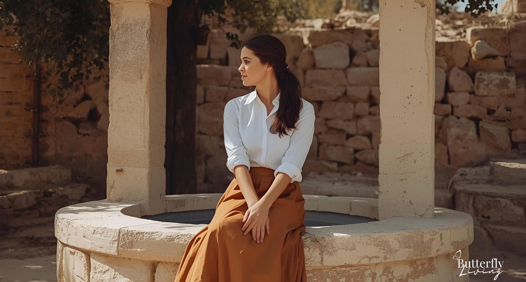 lady sitting on a well-woman at the well